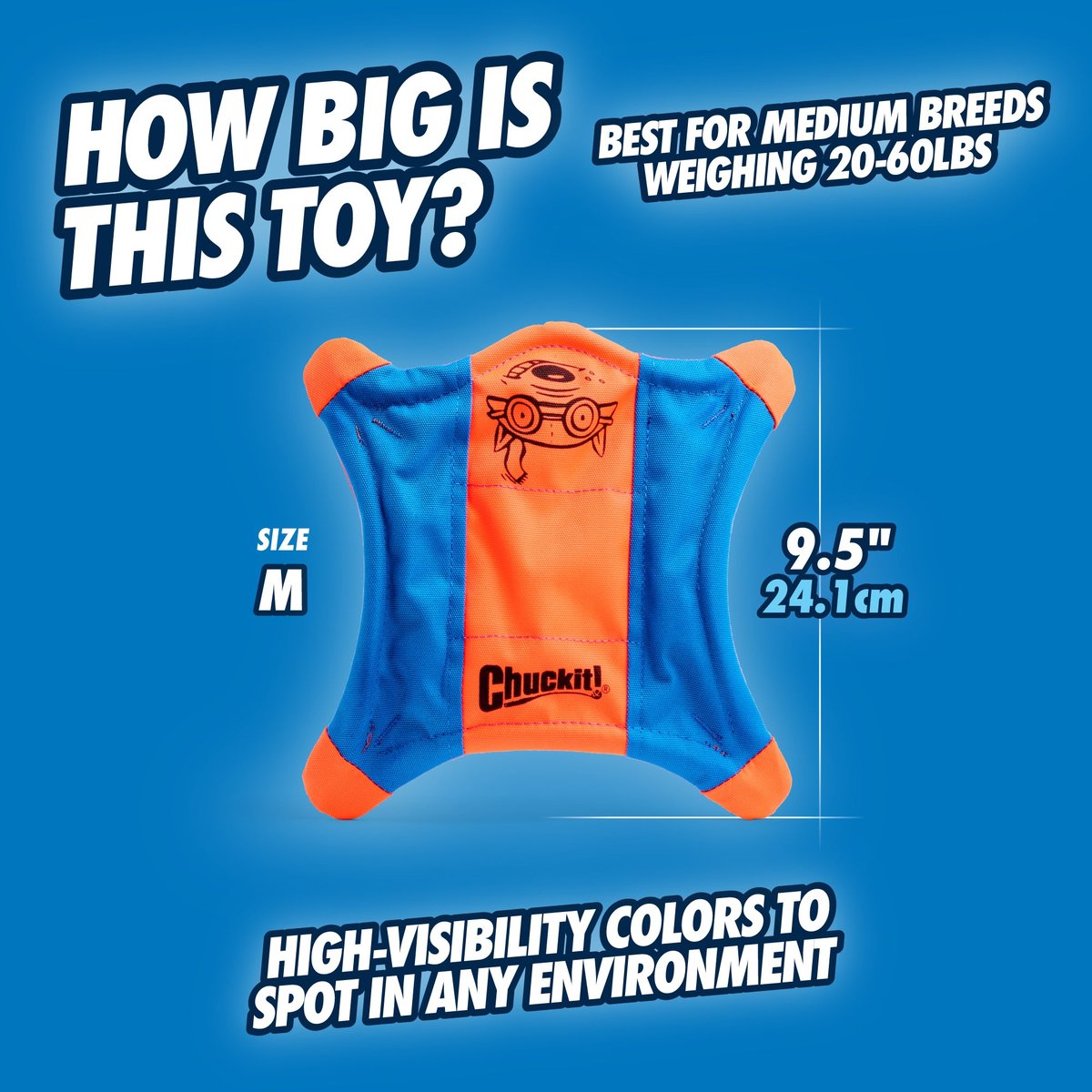 Chuckit Flying Squirrel in blue and orange, with a size chart