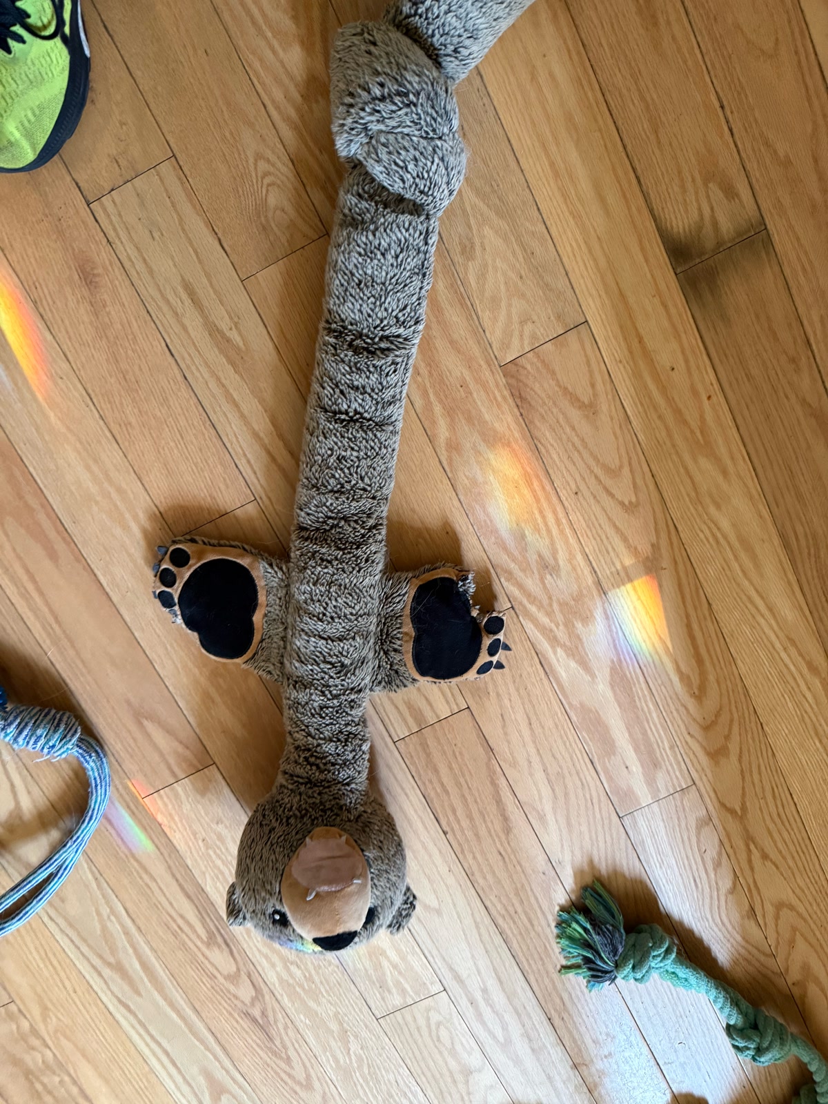 fabdog Twisty Grizzly long plush bear — our bear on the floor, not a Kai-in-use still