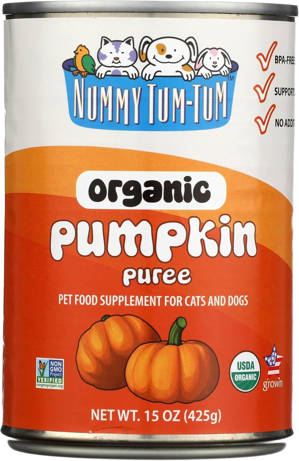 Nummy Tum Tum organic pumpkin puree can — product still, cartoon pack animals are not Kai