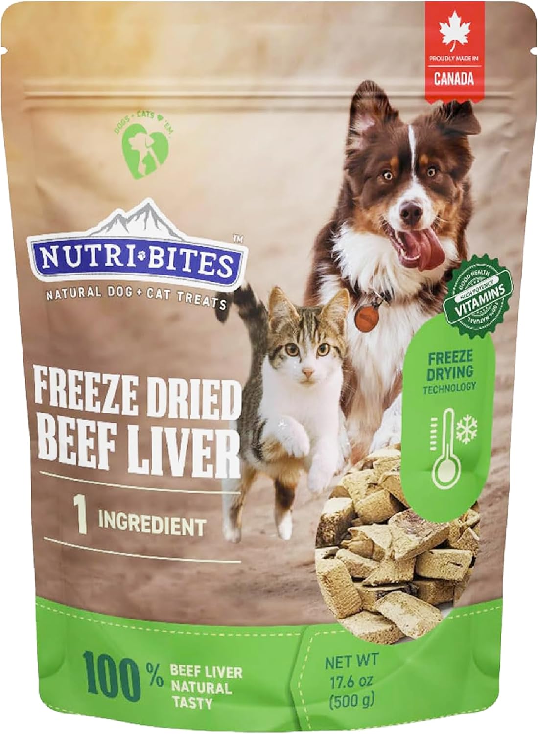 Nutri Bites freeze-dried beef liver bag — product still, listing dogs on pack are not Kai