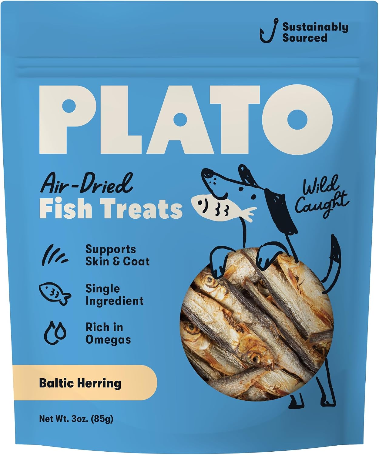 PLATO air-dried fish treats bag — product still, not Kai